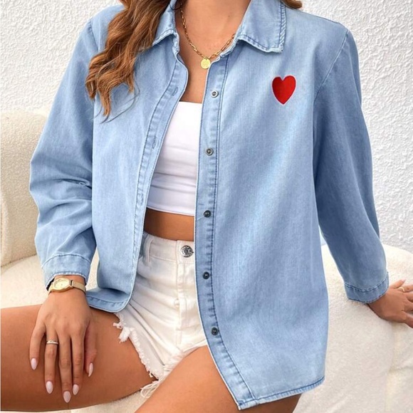 Tops - Casual Heart Shaped Loose Denim Long Sleeve Shirt
